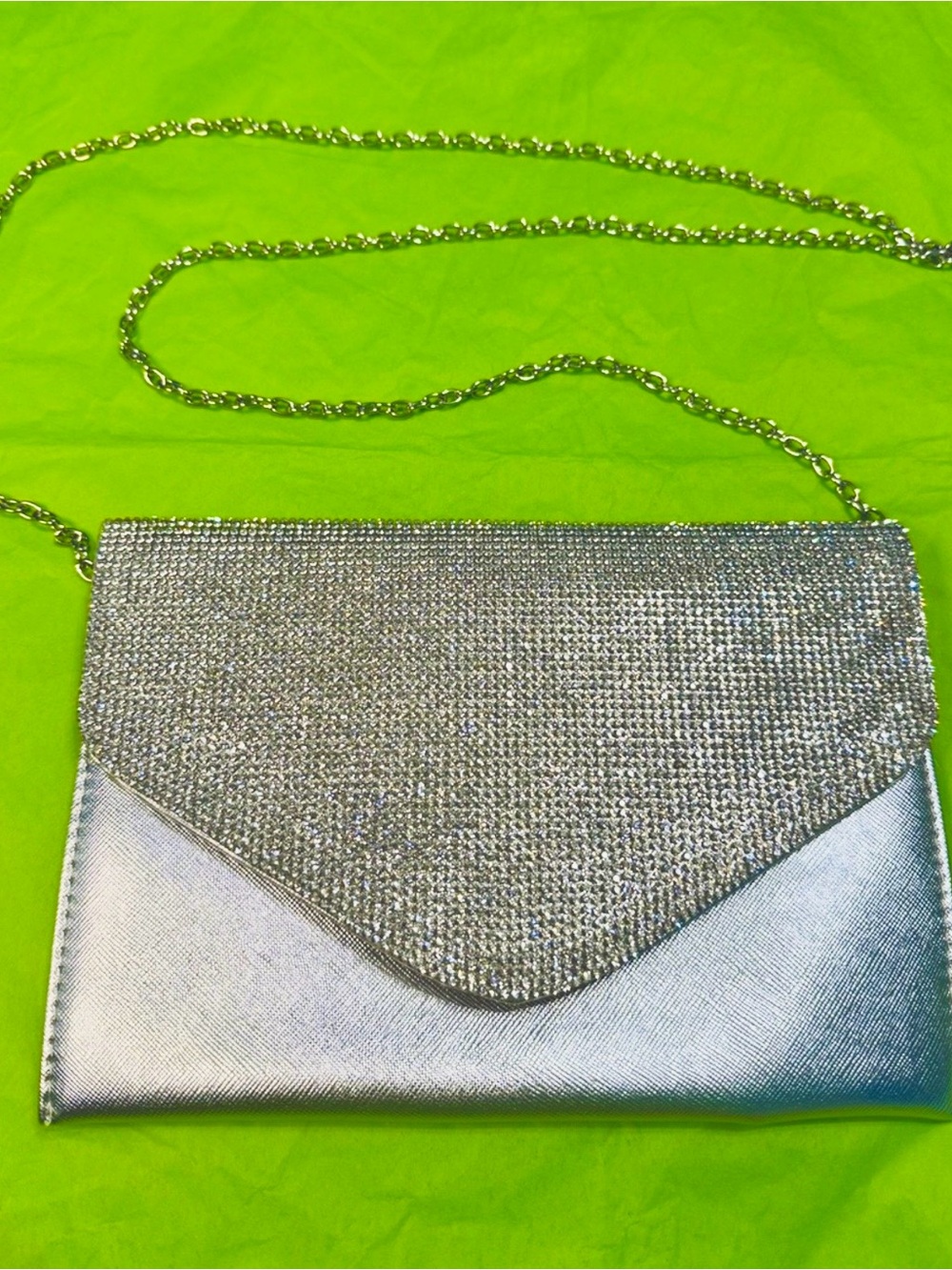 Olivia Miller Silver and Rhinestones Envelope Crossbody Clutch with chain